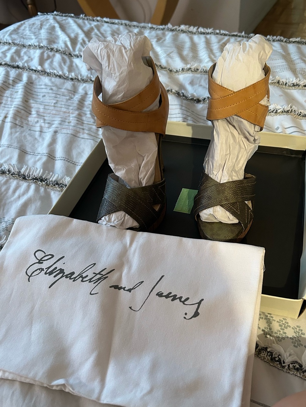 Elizabeth and James Two-Tone Platform Heels in Tan and Green